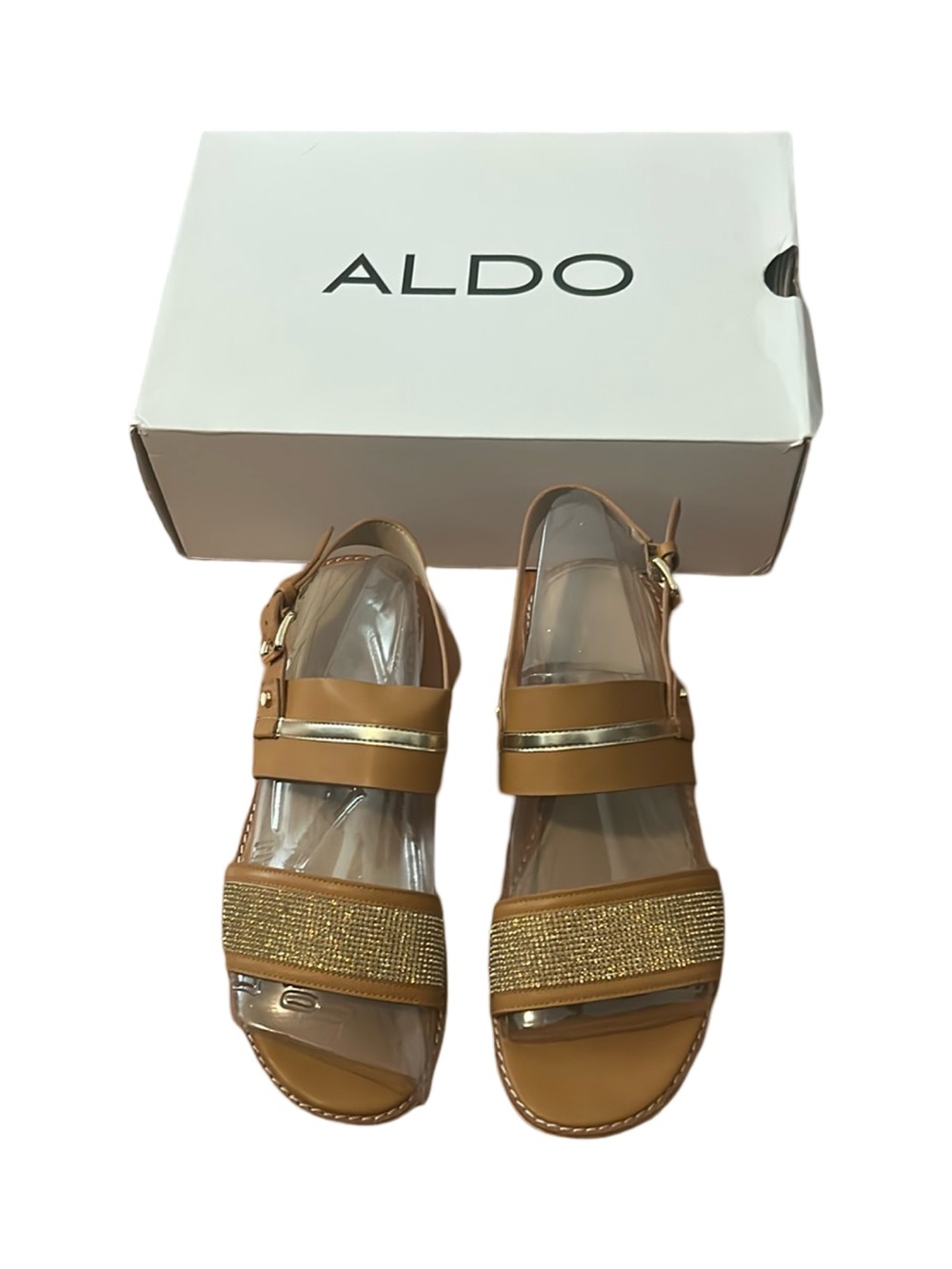 ALDO Tan Sandals with Gold Accent Straps